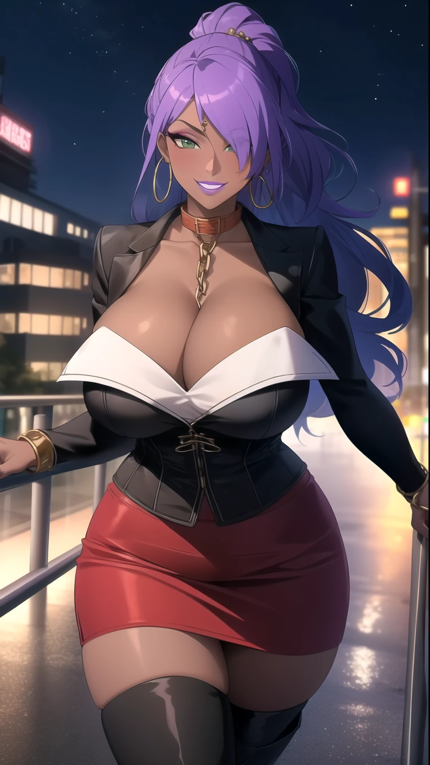 (masterpiece, highres, best quality:1.3), professional artwork, 8K, highly detailed, intricate,  vibrant image, sharp focus, trending on pixiv
AishwaryaRay, solo, mature female, 40yo, milf, curvy, (dark skinned female:1.2), (dark skin:1.1), posing, night_sky, city lights, smiling, looking at viewer, 
purple hair, long hair, ponytail, (hair over one eye:0.8), circlet, purple lips, makeup, green eyes, hoop earrings, collar, chain, perfect eyes, perfect face, ultra detailed hair, detailed face,
corset, skirt, miniskirt, thighhighs, thigh boots, 
curvy, (thighs:0.7), areola slip, gigantic breasts, cleavage,
