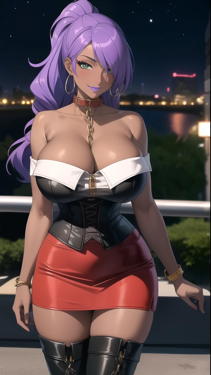 (masterpiece, highres, best quality:1.3), professional artwork, 8K, highly detailed, intricate, vibrant image, sharp focus, trending on pixiv
AishwaryaRay, solo, mature female, 40yo, milf, curvy, (dark skinned female:1.2), (dark skin:1.1), posing, night_sky, city lights, smiling, looking at viewer,
purple hair, long hair, ponytail, (hair over one eye:0.8), circlet, purple lips, makeup, green eyes, hoop earrings, collar, chain, perfect eyes, perfect face, ultra detailed hair, detailed face,
corset, skirt, miniskirt, thighhighs, thigh boots,
curvy, (thighs:0.7), areola slip, gigantic breasts, cleavage,