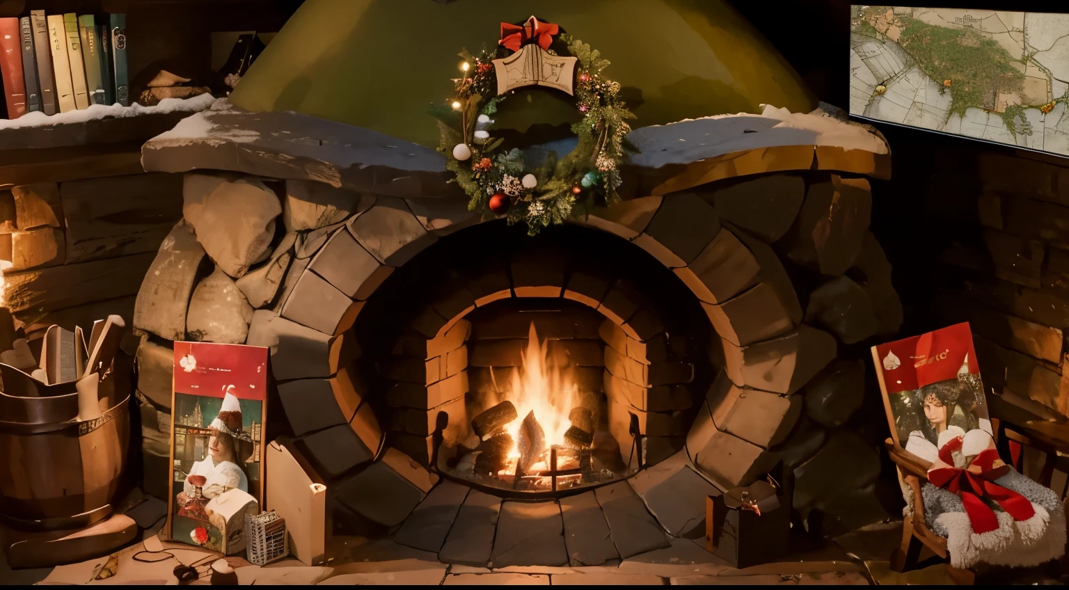 a cozy rounded hobbit fireplace, in hat shape, with christmas addorments, garland, bookshelf and a map of middle earth, with two stocks socks