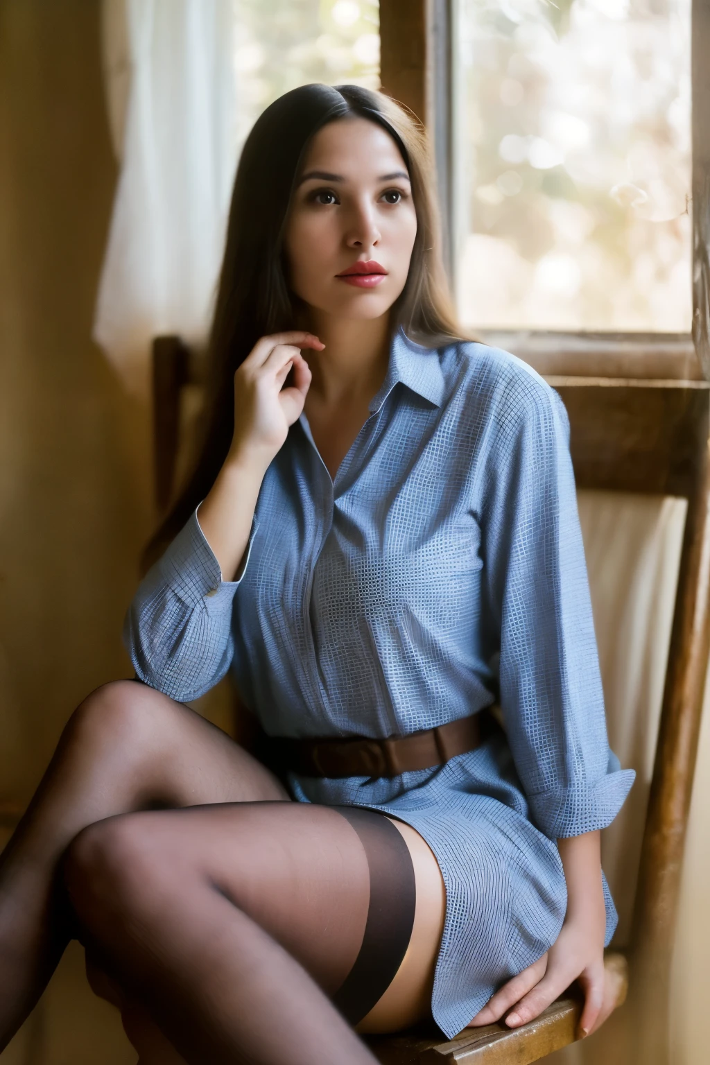 (a woman in a long checkered shirt and stockings, photography)
(high quality, 4k, realistic:1.37), ultra-detailed, natural lighting, vibrant colors, bokeh, vintage style, film grain, cinematic feel, atmospheric
(prominent details of the woman's face, expressive eyes, delicate lips), flowing hair, soft skin, detailed clothing, subtle wrinkles, fine texture
(the woman sitting in a chair in a rustic room), wooden floor, vintage furniture, window with soft sunlight, scattered books, vintage camera, old photographs
(feeling of tranquility and introspection), peaceful atmosphere, contemplative expression, calm pose, natural surroundings, gentle breeze
Overall, the prompt describes a high-quality, realistic image of a woman dressed in a long checkered shirt paired with stockings. The focus is on capturing the details of her face, including expressive eyes and delicate lips, as well as her flowing hair and soft skin. The woman is depicted sitting in a chair in a rustic room with a wooden floor and vintage furniture. Soft sunlight streams in through a window, illuminating the scene and casting a gentle breeze. The prompt aims to evoke a sense of tranquility and introspection, with a vintage style that enhances the overall cinematic feel of the image.