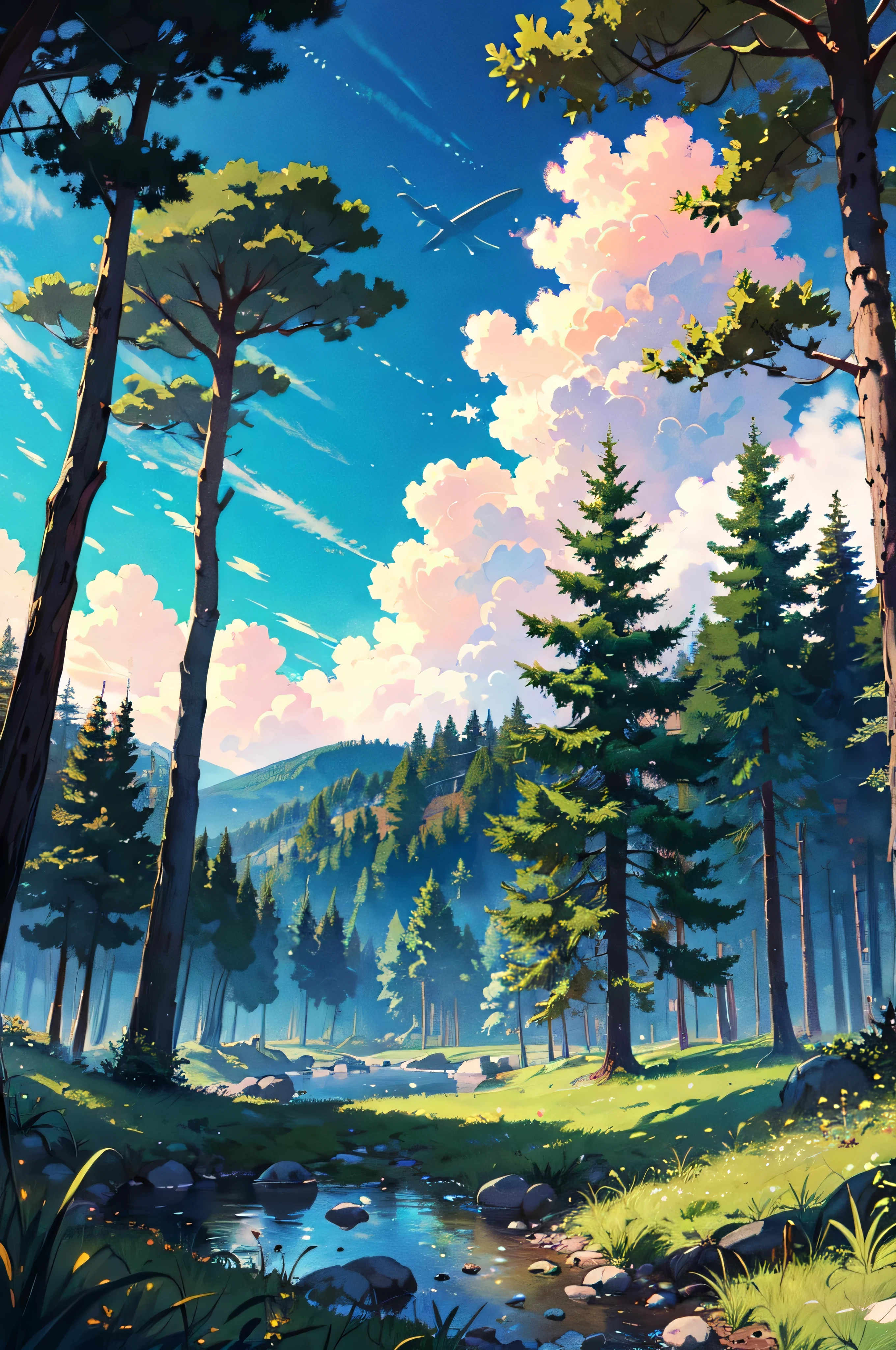 Sky whales, BREAK (masterpiece, best quality:1.2), outdoors, nature, forest, pines, grass, tall grass, detailed grass, plants, day, clouds,