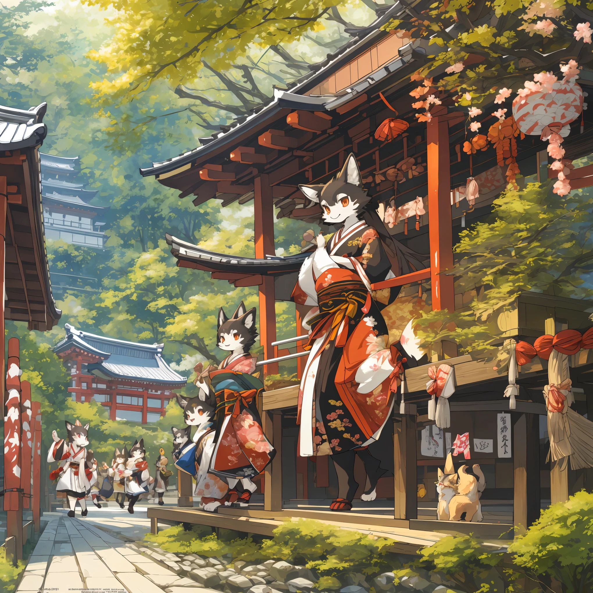 cover page, top quality, best quality, High-quality illustrations, masterpiece, super high resolution, detailed background, 6+girls, japanese festival, absurdres, perfect anatomy(kemono)(furry anthro)happy, 