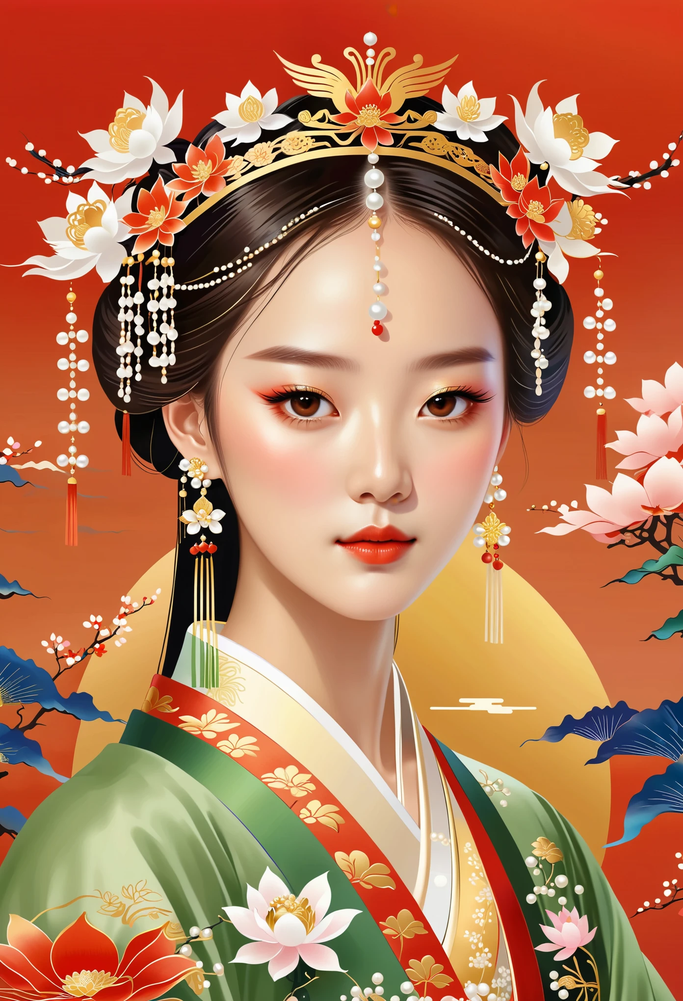 flat，Vector，meticulous painting，simple lines，beautiful girl，portrait，phoenix crown，fringed tiara，黄金phoenix crown，pearl头冠，Hanfu，cloud shoulder，pearl， Lotus leaf background
