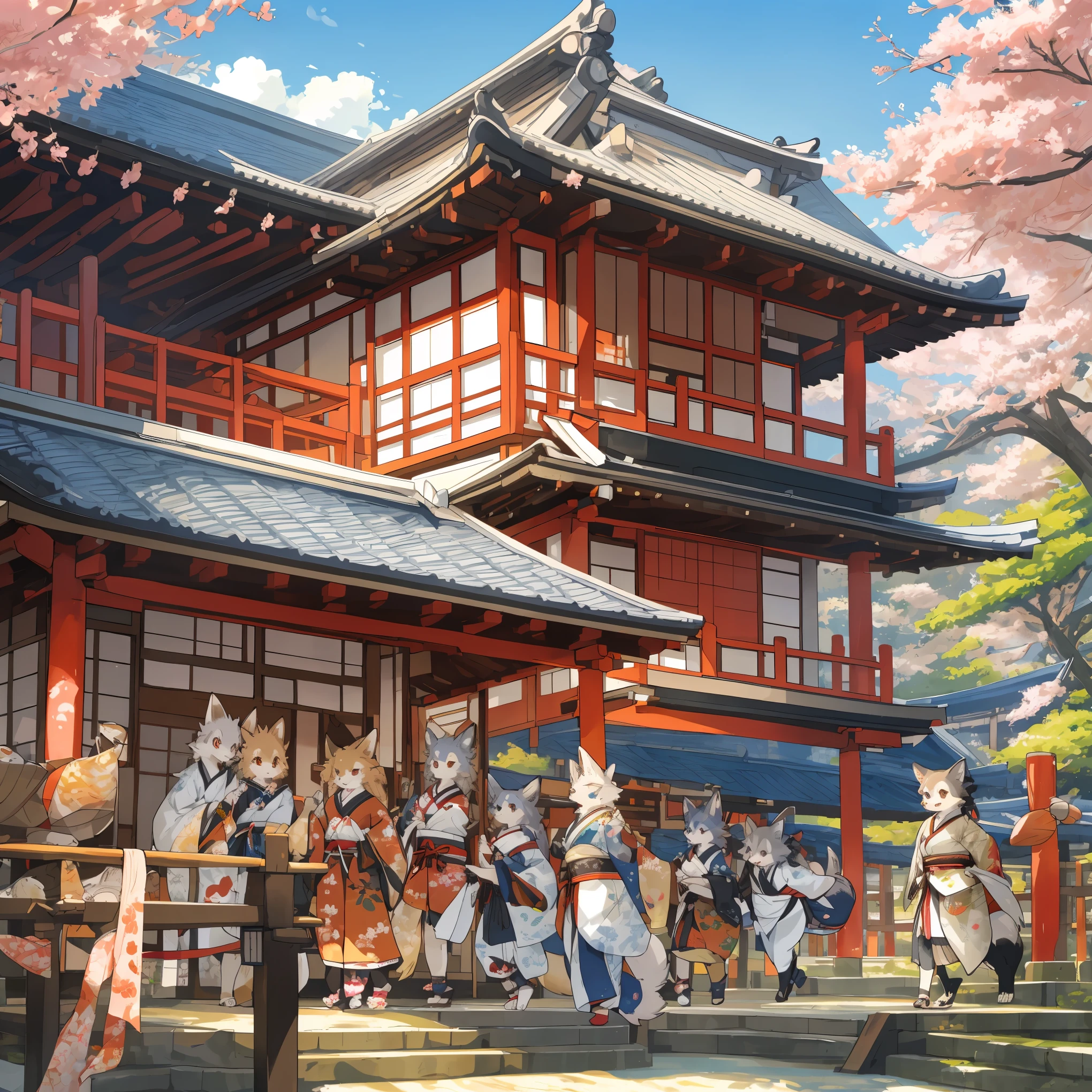 cover page, top quality, best quality, High-quality illustrations, masterpiece, super high resolution, detailed background, 6+girls, japanese festival, absurdres, perfect anatomy(kemono)(furry anthro)happy, 