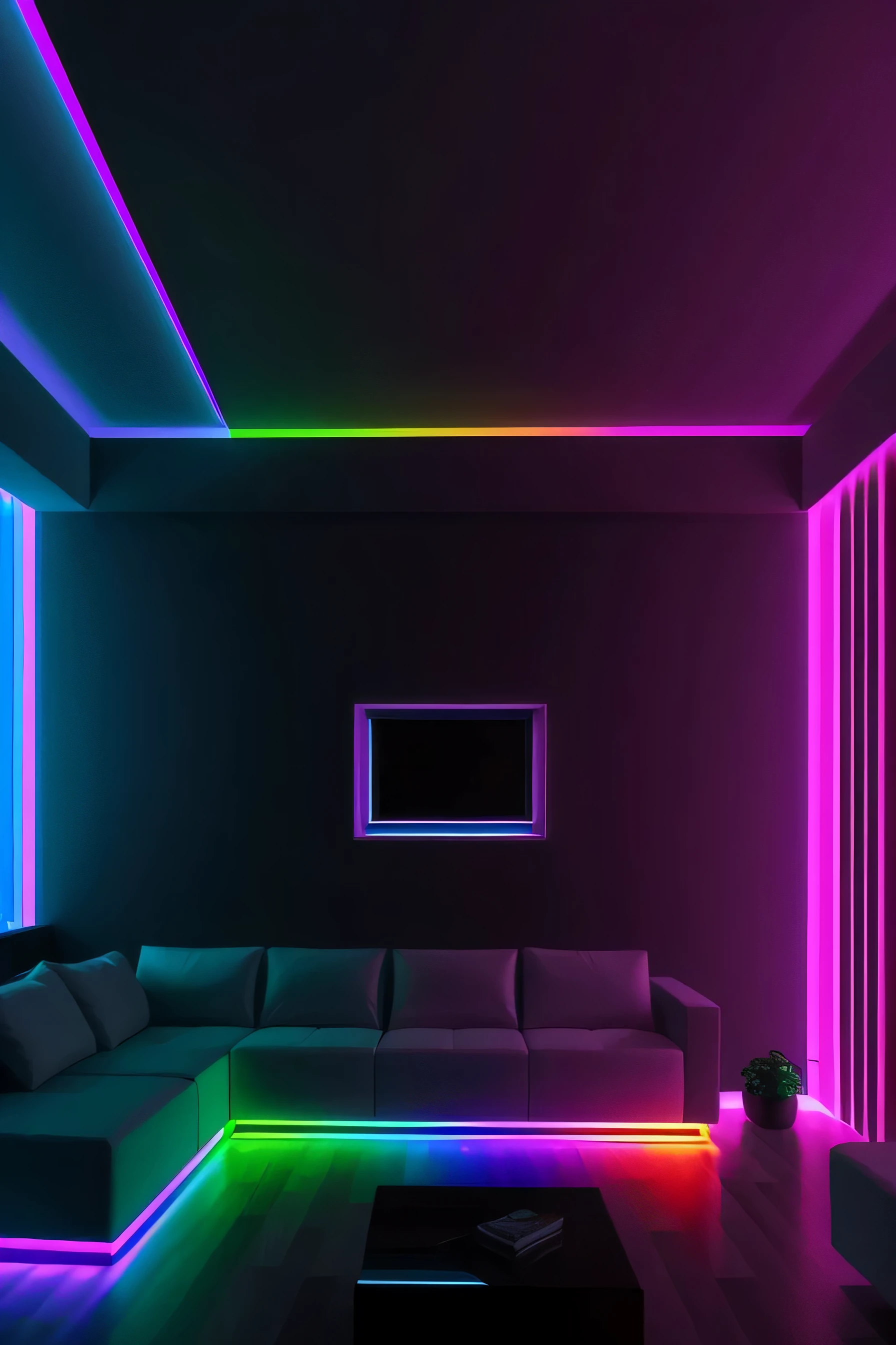 interior living room, rainbow lighting, colored lighting, volumetric rainbow lighting, Colorful lighting, rgb gamer toilet, led light strips, Dramatic colored lighting, Colourful lighting, Colored indicators, Dramatic colored lights, RGB lighting, Luminous interior lighting, rgb led lights, Cheerful ambient lighting, extremely luminous bright design, rgb ethereal lighting