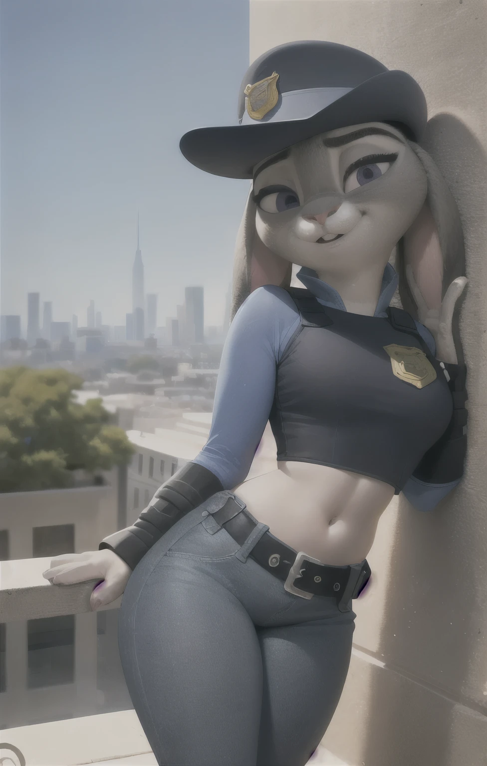 orejas hacia abajo, (Mejor calidad, Obra maestra:1), peluda hembra antro judyhopps, retrato, uniforme de policia, uniforme completo, cola de conejo, police belt, police badge, pantalones azules, sonrisa, ojos morados, pelaje del cuerpo, ojos medio cerrados, (fondo urbano detallado de la ciudad:1.1), estilo pixar 3d,