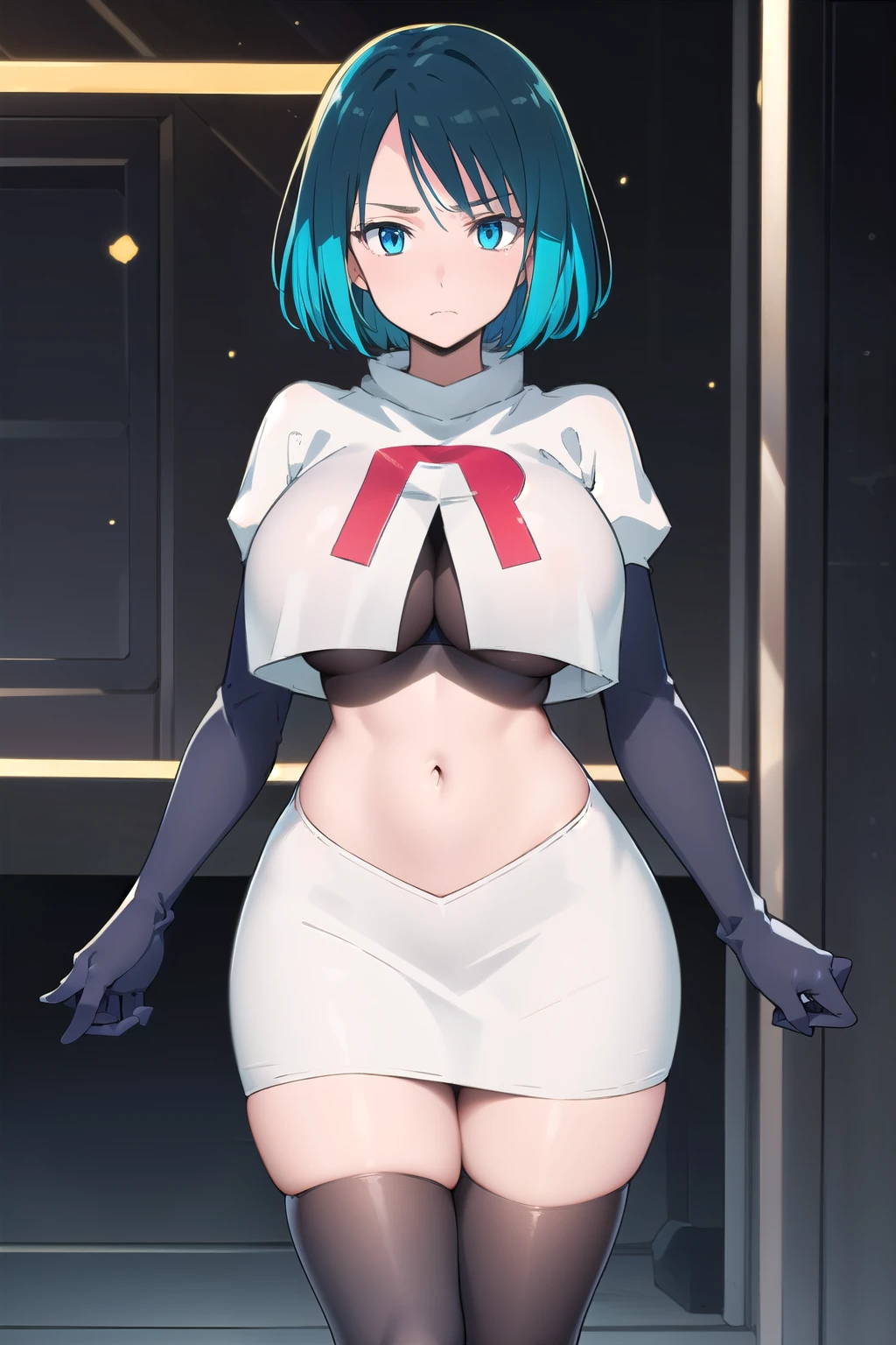 (day:1.7), sky background,a blue sky and clouds,
Green_short_hair,Blue_eyes,
1 girl, 20yo,mature female,Beautiful Finger,Beautiful long legs,Beautiful body,Beautiful Nose,Beautiful character design, perfect eyes, perfect face,
looking at viewer, (innocent_big_eyes:1.0),(expressionless:1.3), team rocket,team rocket uniform,white skirt,red letter R,crop top,black thigh-highs,black elbow gloves
NSFW,official art,extremely detailed CG unity 8k wallpaper, perfect lighting,Colorful, Bright_Front_face_Lighting,
(masterpiece:1.0),(best_quality:1.0), ultra high res,4K,ultra-detailed,
photography, 8K, HDR, highres, absurdres:1.2, Kodak portra 400, film grain, blurry background, bokeh:1.2, lens flare, (vibrant_color:1.2)
(Beautiful,large_Breasts:1.4), (beautiful_face:1.5),(narrow_waist),