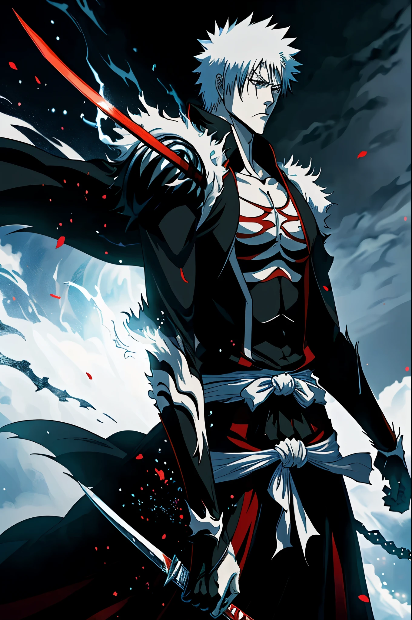 (masterpiece, best quality:1.2),1boy,solo, Ichigo kurosaki,holding a black katana,badass pose,bleach, powerful aura,red aura,8k,64k, HD, unparalleled masterpiece, dynamic lighting, cinematic, epic, highest quality digital art, Stunning art, wallpaper 4k, official art for bleach,art by Tite Kubo, absolutely stunning art