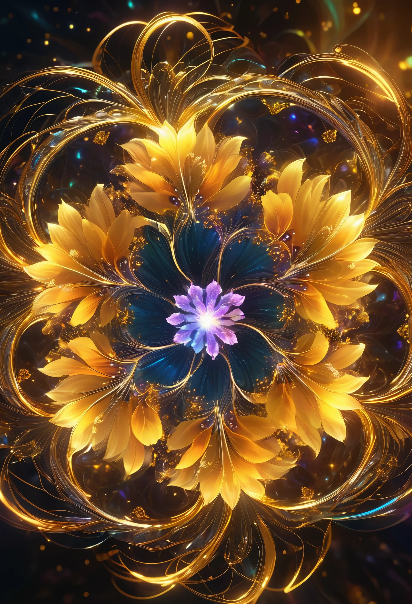 a close up of a circular object with a flower inside of it, glowing delicate flower, softly swirling magical energy, swirling magical energy, fractal burning halo, tendrils of colorful light, luminous flowers, sparkling petals, cosmic energy wires, glowing feathers, intricate sparkling atmosphere, ethereal essence, colorfull digital fantasy art, glowing golden aura, very beautiful digital art