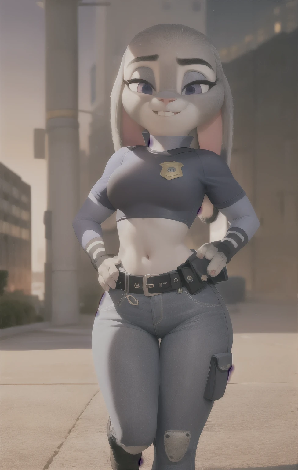orejas hacia abajo, (Mejor calidad, Obra maestra:1), peluda hembra antro judyhopps, retrato, uniforme de policia, uniforme completo, cola de conejo, police belt, police badge, pantalones azules, sonrisa, ojos morados, pelaje del cuerpo, ojos medio cerrados, (fondo urbano detallado de la ciudad:1.1), estilo pixar 3d,
