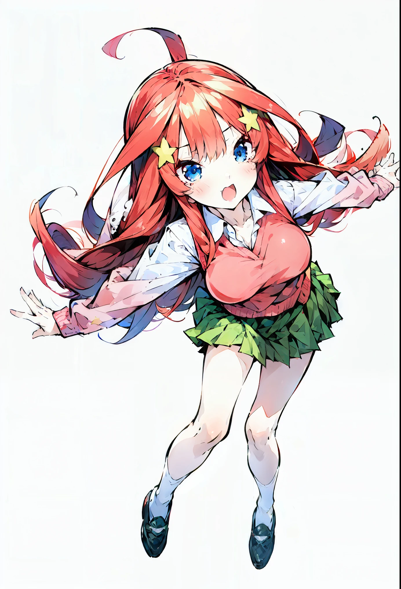 (1 girl, solo) itsuki Nakano, long fluffy red hair, 5 point star hairclips, collared white shirt, green pleated skirt, pink red sleeveless sweater, dynamic pose, interesting pose, expressive face, full body, cute, lovely, minimal background