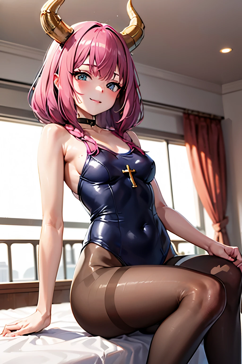 very delicate and beautiful girl,8k wallpaper,masterpiece,danntoudainoaura,Bedroom,1 girl,alone,devil&#39;s horns,devil girl,long hair,medium ,elbow bag,((pantyhoboots,choker,((Swimsuit)),(sit on bed),looking at the viewer、Photo from below、((sit cross-legged))、((leotard))