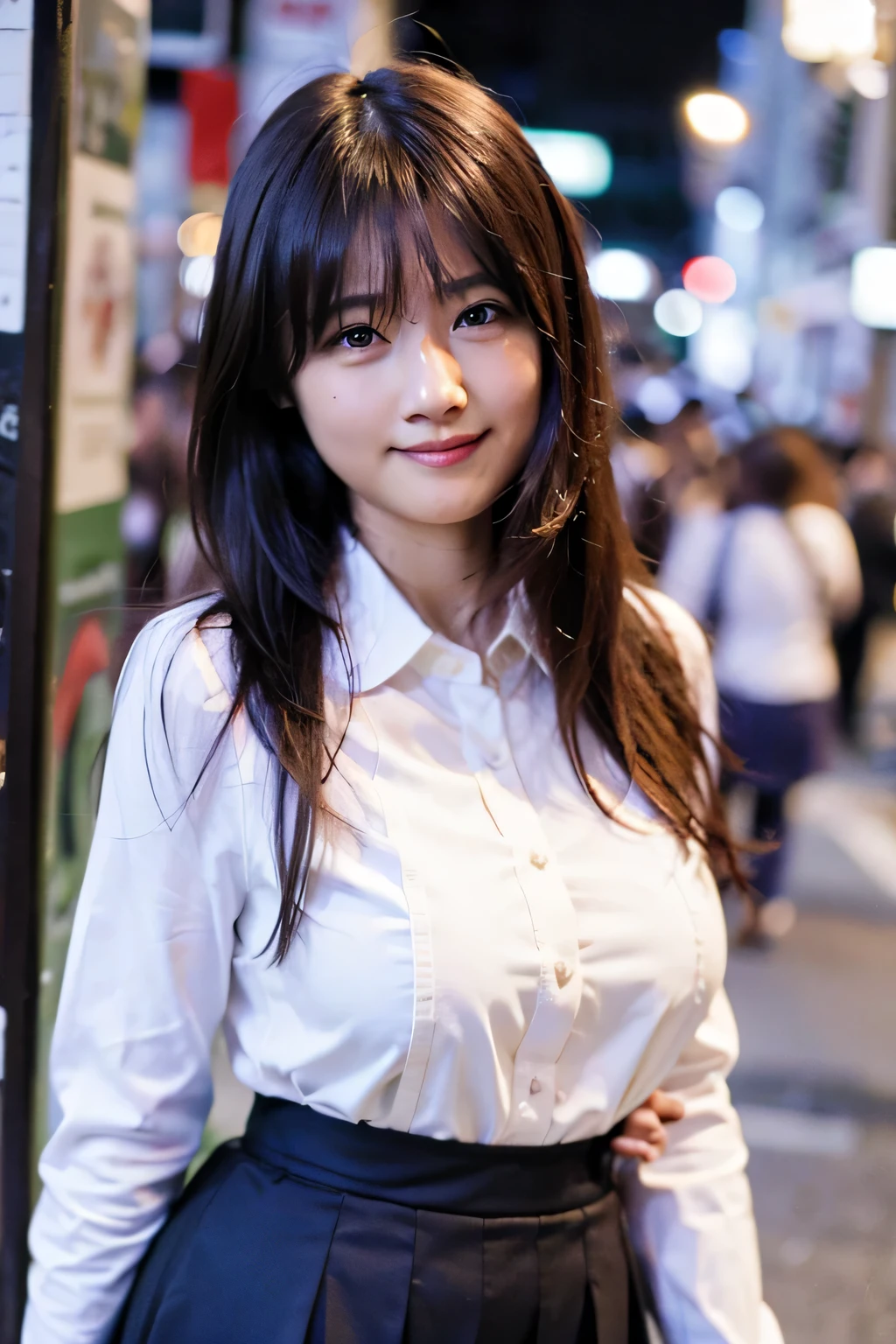 (highest quality,masterpiece:1.3,ultra high resolution),(Super detailed,caustics,8k),(photorealistic:1.4,RAW shooting),1 girl,(look at the camera with a smile),20-year-old,cute,Japanese,black hair long bronde, business attire, office lady, black officeblazer, officeskirt, (pantyhose:1.2), (short buttoneddownshirt:1.2), buttonedupcollarprim, buttoneddowncollarprim, big ,bust up shot, Tokyo street, Night, face focus, Natural light, Backlight, (A bright light shines from above), (Lens flare), professional writing, (low position), (Low - Angle)