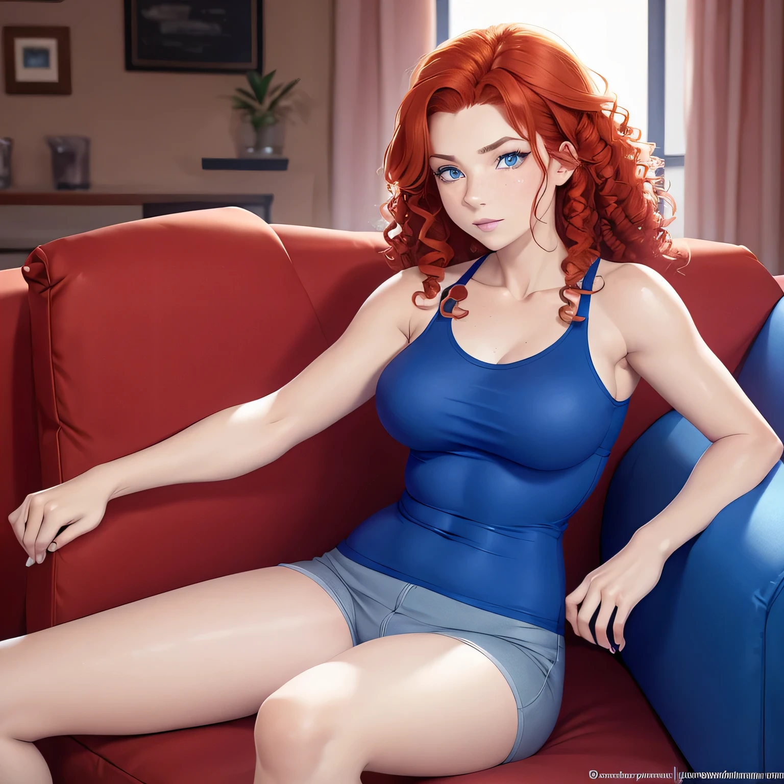 beautiful 25 year old  woman, with red curly hair, blue eyes, small freckles, curvy build, wearing a tank top, sitting in on a couch