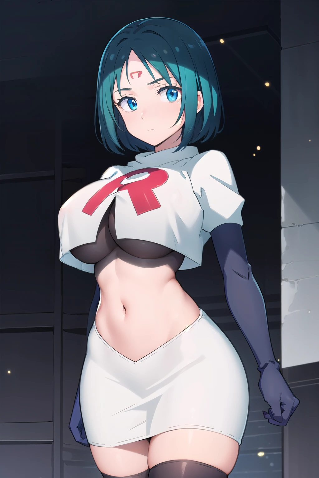 (day:1.7), sky background,a blue sky and clouds,
Green_short_hair,Blue_eyes,
1 girl, 20yo,mature female,Beautiful Finger,Beautiful long legs,Beautiful body,Beautiful Nose,Beautiful character design, perfect eyes, perfect face,
looking at viewer, (innocent_big_eyes:1.0),(expressionless:1.3), team rocket,team rocket uniform,white skirt,red letter R,crop top,black thigh-highs,black elbow gloves
NSFW,official art,extremely detailed CG unity 8k wallpaper, perfect lighting,Colorful, Bright_Front_face_Lighting,
(masterpiece:1.0),(best_quality:1.0), ultra high res,4K,ultra-detailed,
photography, 8K, HDR, highres, absurdres:1.2, Kodak portra 400, film grain, blurry background, bokeh:1.2, lens flare, (vibrant_color:1.2)
(Beautiful,large_Breasts:1.4), (beautiful_face:1.5),(narrow_waist),