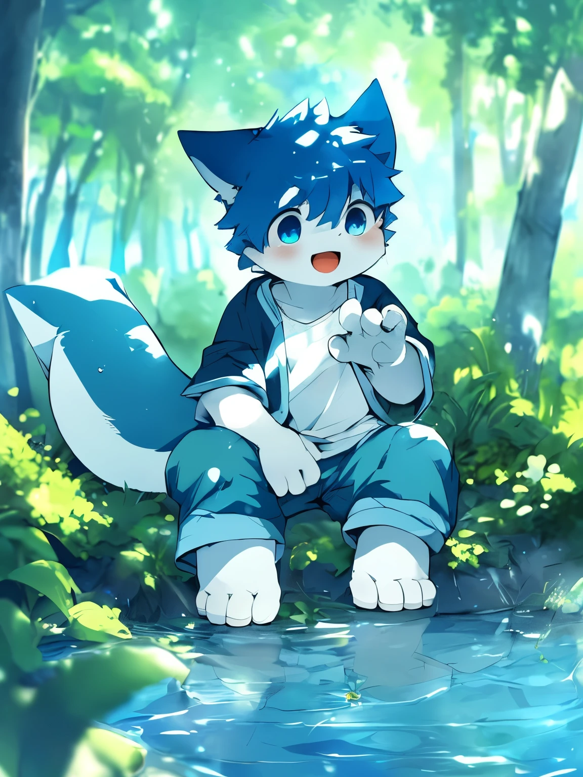 Empty,(shark, finless shark), Humanity,4 fingers, water blue eyes, blue pants, White shirt, boy,humanoid,boy, Tail, external, plant, light blue body, Ocean, alone, tree, (water), deTailed background,By Ruhu1145,author:Takemoto Arashi,through empty ghost, cold atmosphere, open smile, soft blue blush