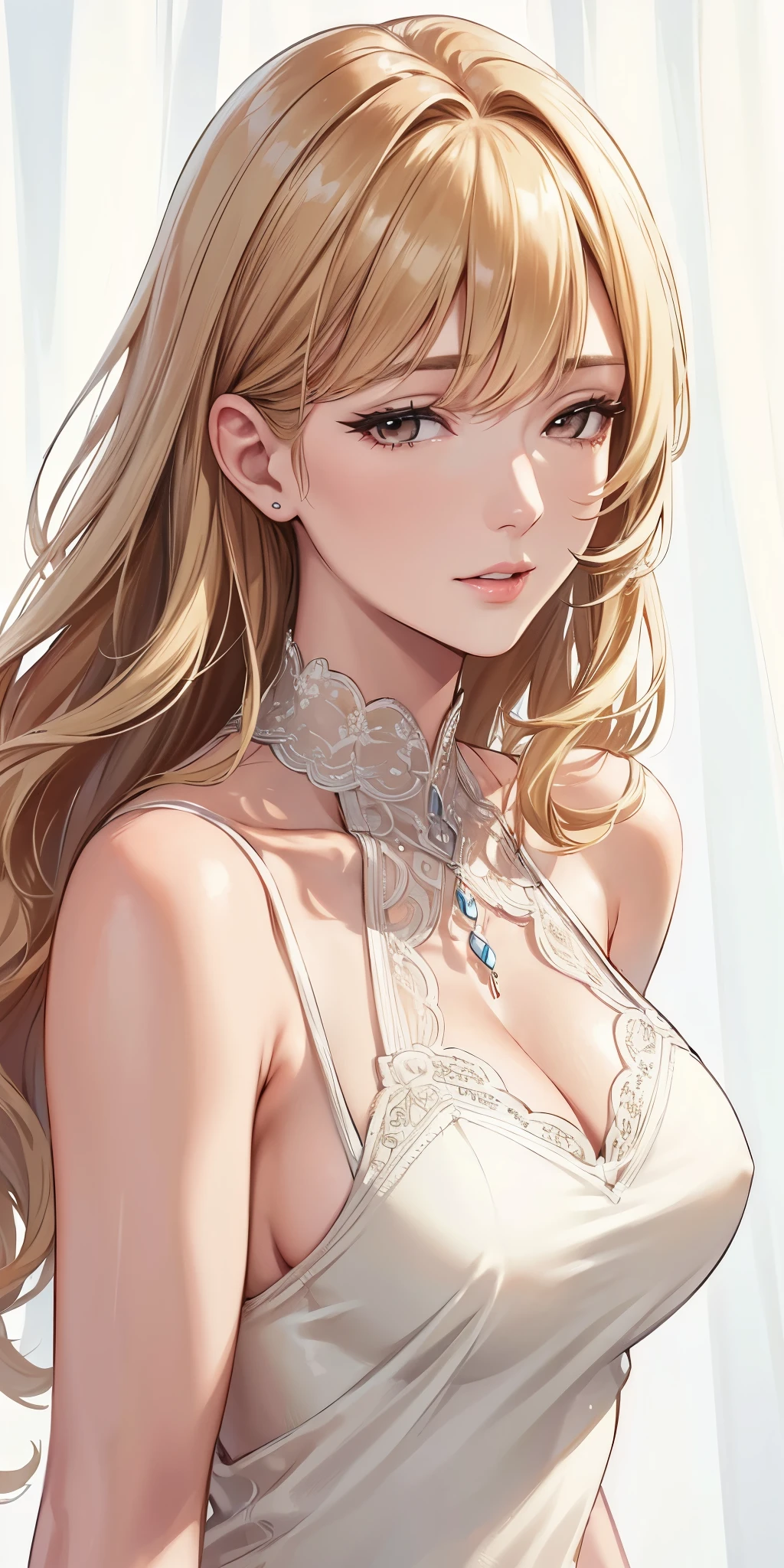 (best quality, highres), portrait, upper body, elegant, adult woman, brown eyes, long hair, swept-side bang, [[brown hair]], (blonde hair), broad shoulders, slip dress, cleavage, white curtain, ultra detailed cg 8k