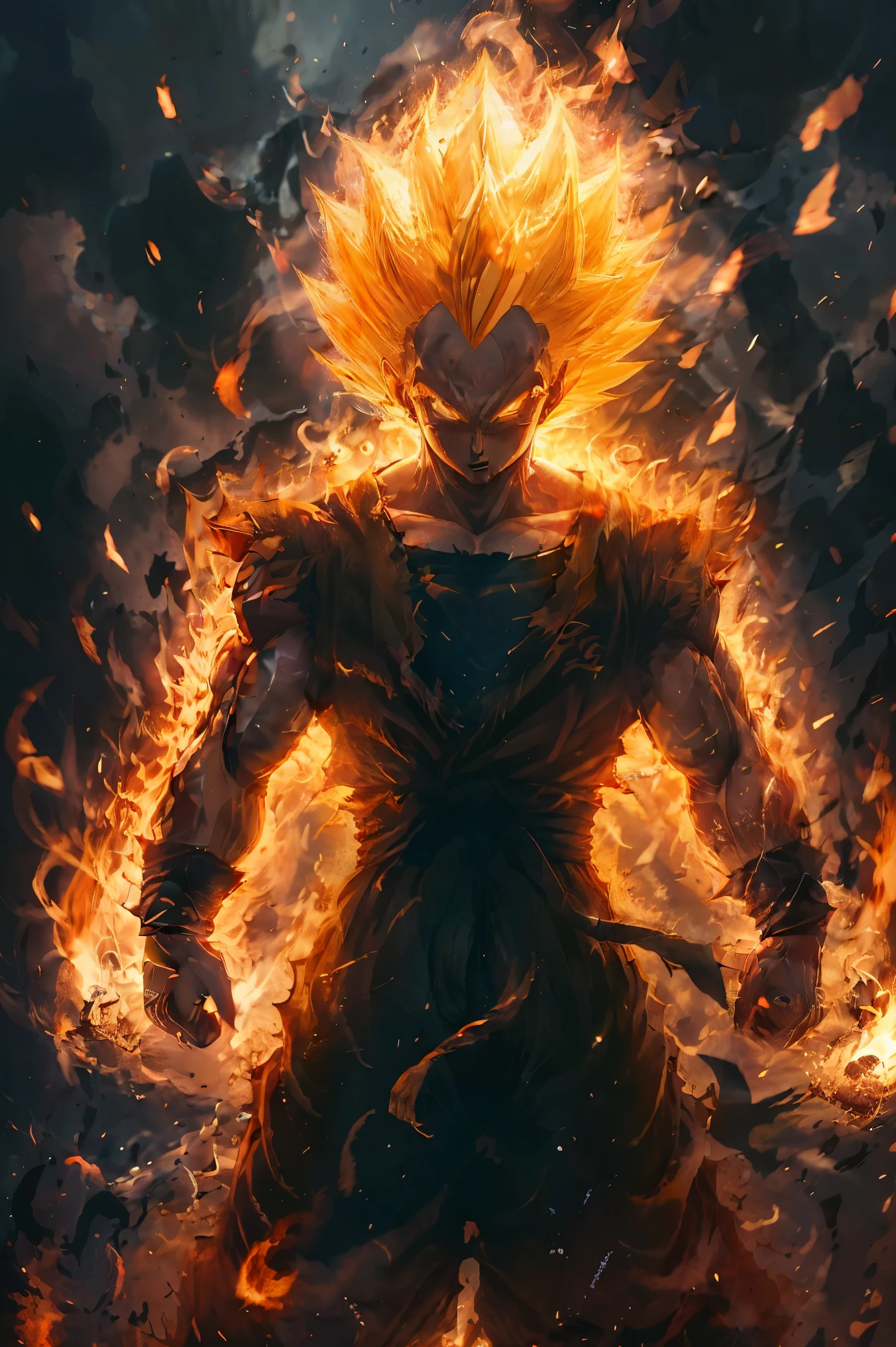 Super Saiyan one,1boy,artist name,aura,blonde hair,clenched hand,clenched hands,debris,dougi,electricity,embers,fire,gloves,glowing,male focus,muscular,orange background,solo,spiked hair,standing,teeth,torn clothes,veins,watermark