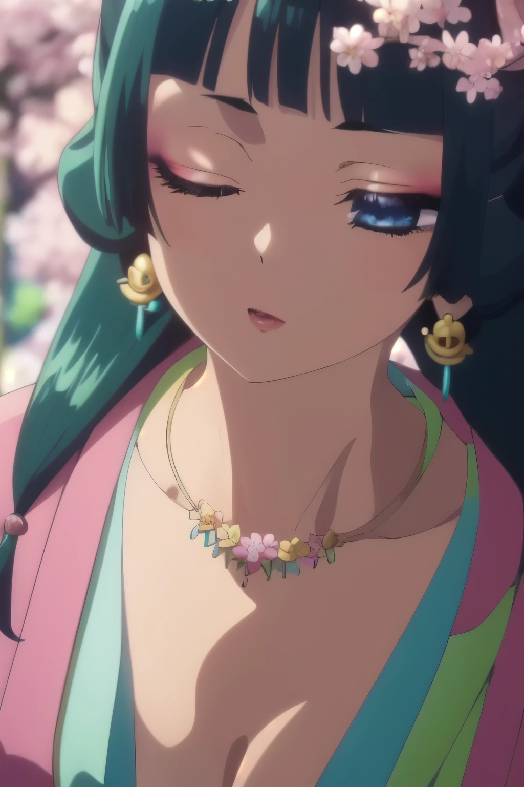 cat cat,dark green hair,blue eyes,hair ornaments, bun hair, earrings,earrings,gold necklace、red eyeshadow((very realistic shading, masterpiece, very detailed, realistic)),,Cherry blossoms are blooming around me、Breasts are E cup、downtown Tokyo、I&#39;m looking at you closely