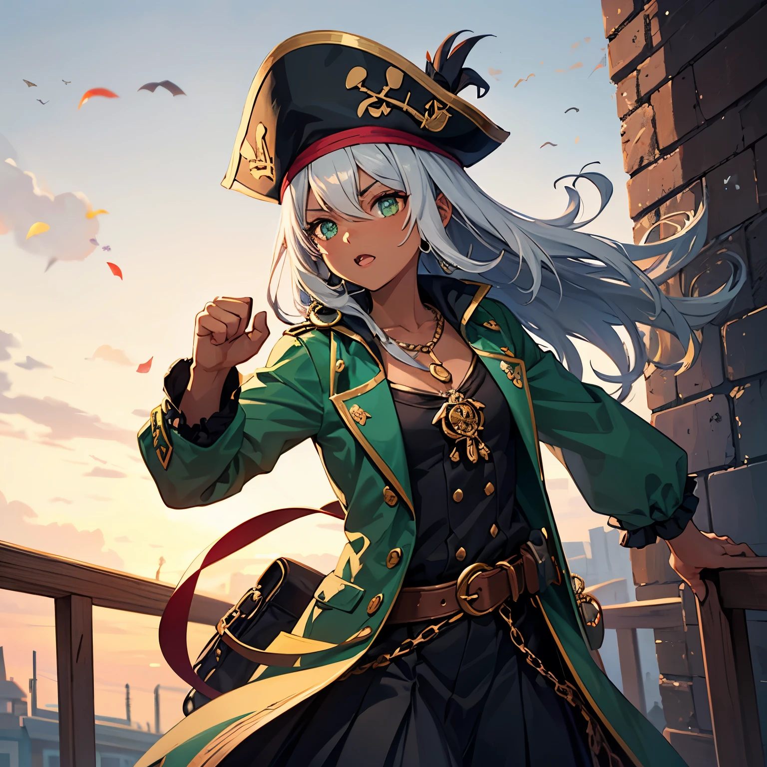 (alta qualidade), (obra de arte), looking at the spectator,  1 girl, 19 years old, dark skinned, battle damage, pirate costume (dark green/black palette, pirate hat, coat, cute full blouse, 
cute skirt, small details in gold, necklace), old town, whole body, grey hair, long hair, green eyes, excited, sharp looking, fighting stance, fists clenched 