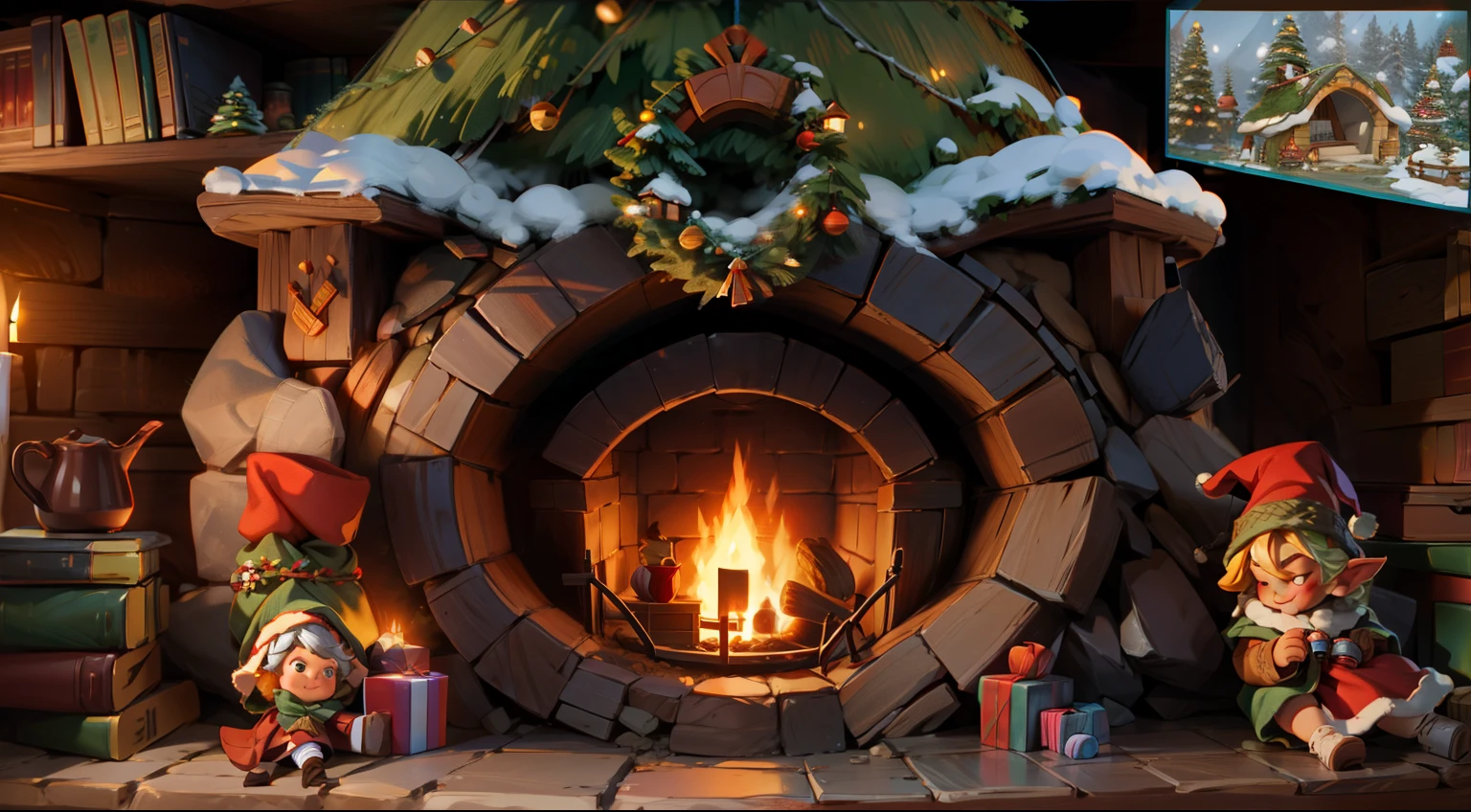 a cozy rounded hobbit fireplace, in hat shape, with christmas addorments, garland, bookshelf and a map of middle earth, with two stocks socks