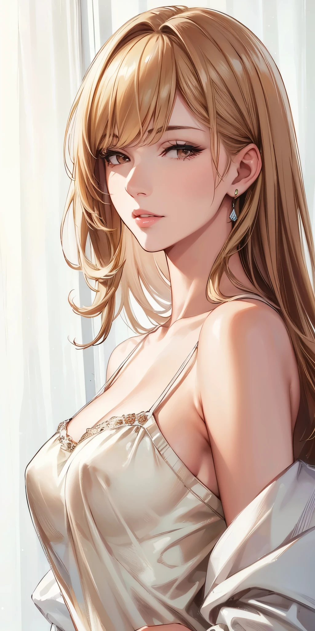 (best quality, highres), portrait, upper body, elegant, adult woman, brown eyes, long hair, swept-side bang, [[brown hair]], (blonde hair), broad shoulders, slip dress, cleavage, white curtain, ultra detailed cg 8k