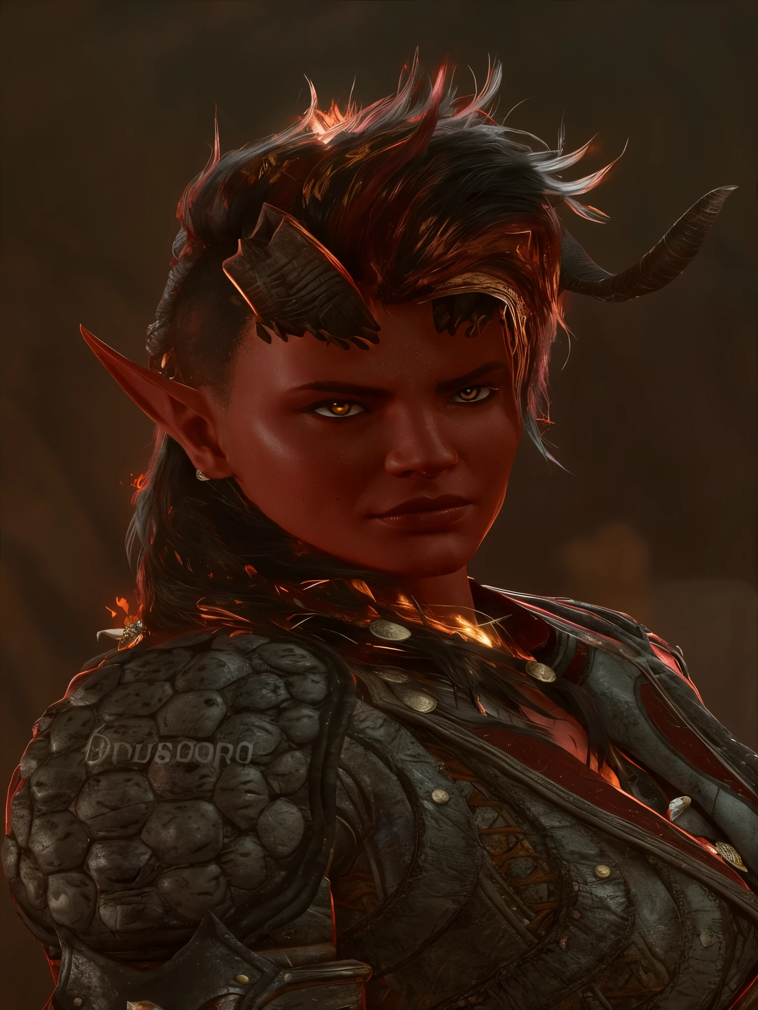 a close up of a woman with a horned head and a leather jacket, diablo 4 queen, tiefling, diablo 4 lilith, dnd portrait of a tiefling, tiefling female warlock, character art closeup, hyperdetailed fantasy character, character close up, attractive tiefling druid, alluring tiefling druid, unreal engine character art, character portrait closeup