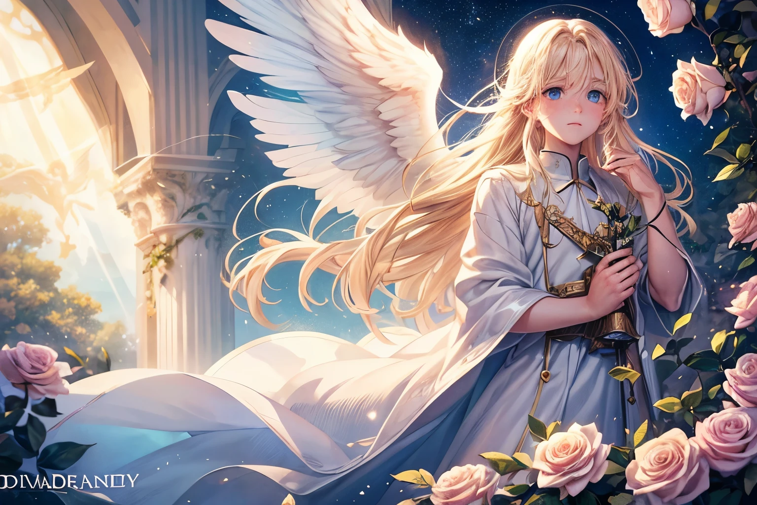 1 boy, man, young man, long blonde hair, blue eyes, rosy cheeks, fair skin, freckles, teary, angel wings, big white wings, angel like, inside garden, (glow, god rays, ethereal, dreamy, heavenly, otherworldly, dream-like, breathtaking, captivating, divine), masterpiece, starry sky, red roses, melancholic