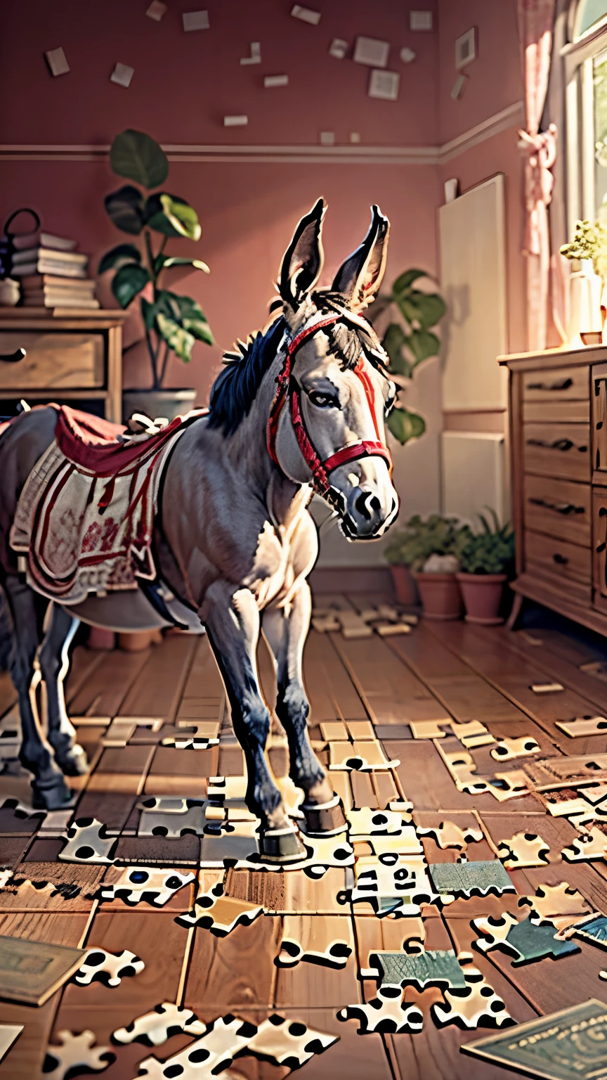 A donkey is solving jigsaw puzzle, jigsaw puzzle pieces are placed all over the room