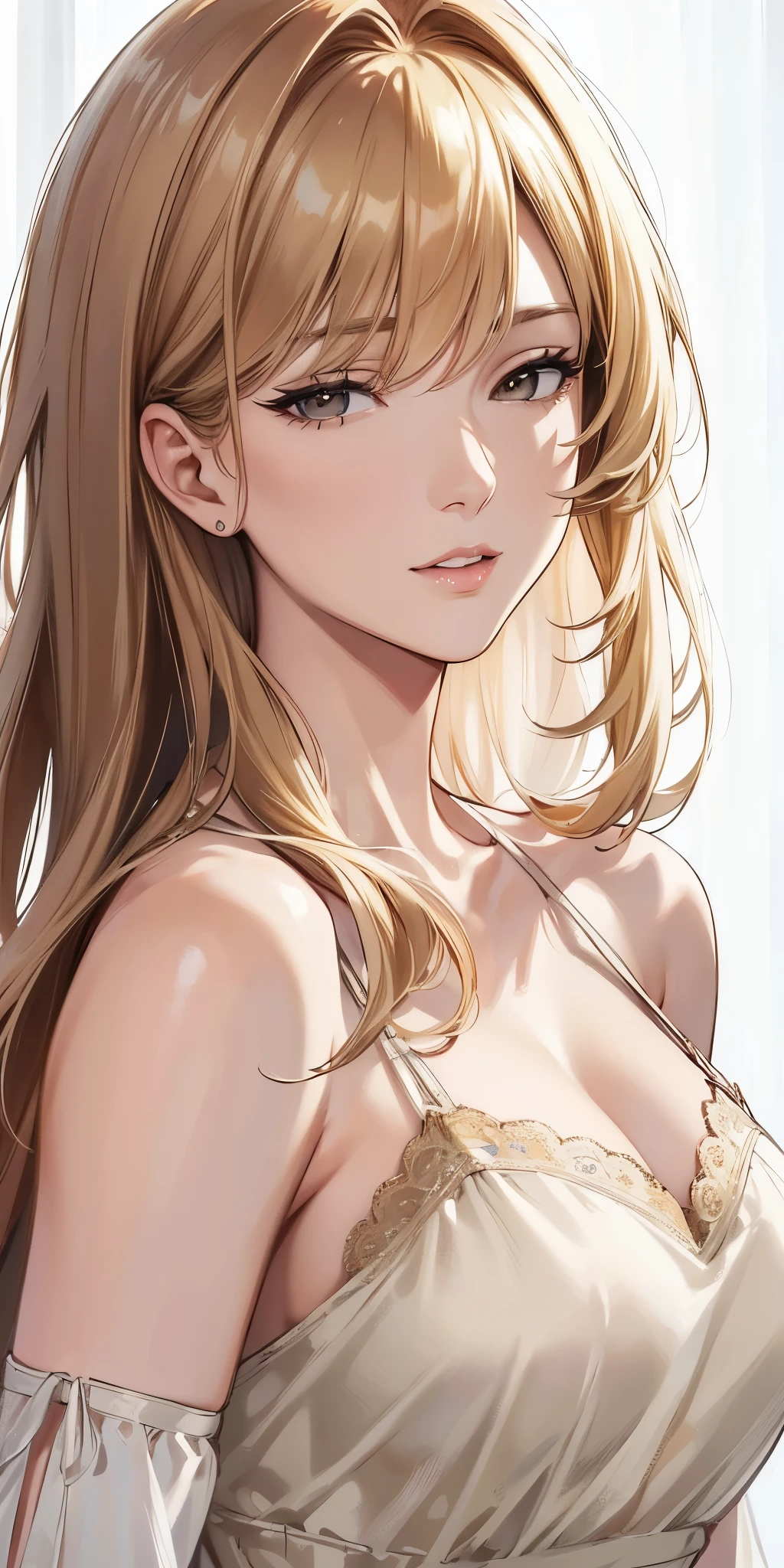 (best quality, highres), portrait, upper body, elegant, adult woman, brown eyes, long hair, swept-side bang, [[brown hair]], (blonde hair), broad shoulders, slip dress, cleavage, white curtain, ultra detailed cg 8k