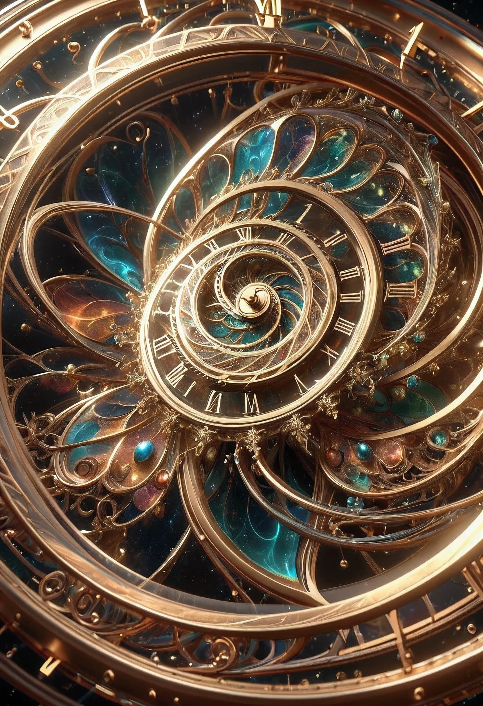 a close up of a clock with a spiral design on it, intricate artwork. octane render, ornate gilded cosmic machine, 4k highly detailed digital art, the orb of time, ornate galactic gold, 3d digital art 4k, the orb of dreams, inter dimensional clockwork, art nouveau octane render, intricate wlop, detailed fantasy digital art, 4 k detail fantasy, complex filigree, filament of glowing optic fibers, swirling magical energy, shards and fractal of infinity, glowing fractals, sacred fractal structures, beautiful cosmic neural network, quantum particles, holographic dust, abstract geometric gradients, glitched reality. highly detailed dynamic background, compositional leading lines, amazing depth, digital visionary artstyle, hyperrealistic, photorealistic, hyperdetailed, (award winning masterpiece, Best Quality,8k Ultra HD, Highres, Absurdres, HDR, Octane Render, Photography, ARRI ALEXA 65, Prime Lens, Circular Polarizer, Split Diopter, Ultra Sharp Studio Focus, Infinity Focus, DSLR, RAW, Focus Stacking, Layered Detailing, Displacement Mapping, Path Tracing, Photon Mapping, V-Ray, Hardware Ray Tracing with Lumen Global Illumination, Ray Traced Shadows, Lumen Reflections, Ray Tracing Ambient Occlusion, Subsurface Scattering, Lumen Scene Detail with Detail Tracing, Max Details, Extra Detailed, Intricate Details, Sharpened, Crystal Clear, Smooth), Diffuse Light, Tone Mapped, (Defined Edges with Anti-Aliasing, DLAA, DLSS, RTX,Perfect Composition, Color Theory, Rule of Thirds, Golden Ratio, Postprocessing,CGI, VFX, SFX, Polychrome, CMYK colors, High Contrast, Unreal Engine 5, Diffraction Grating)