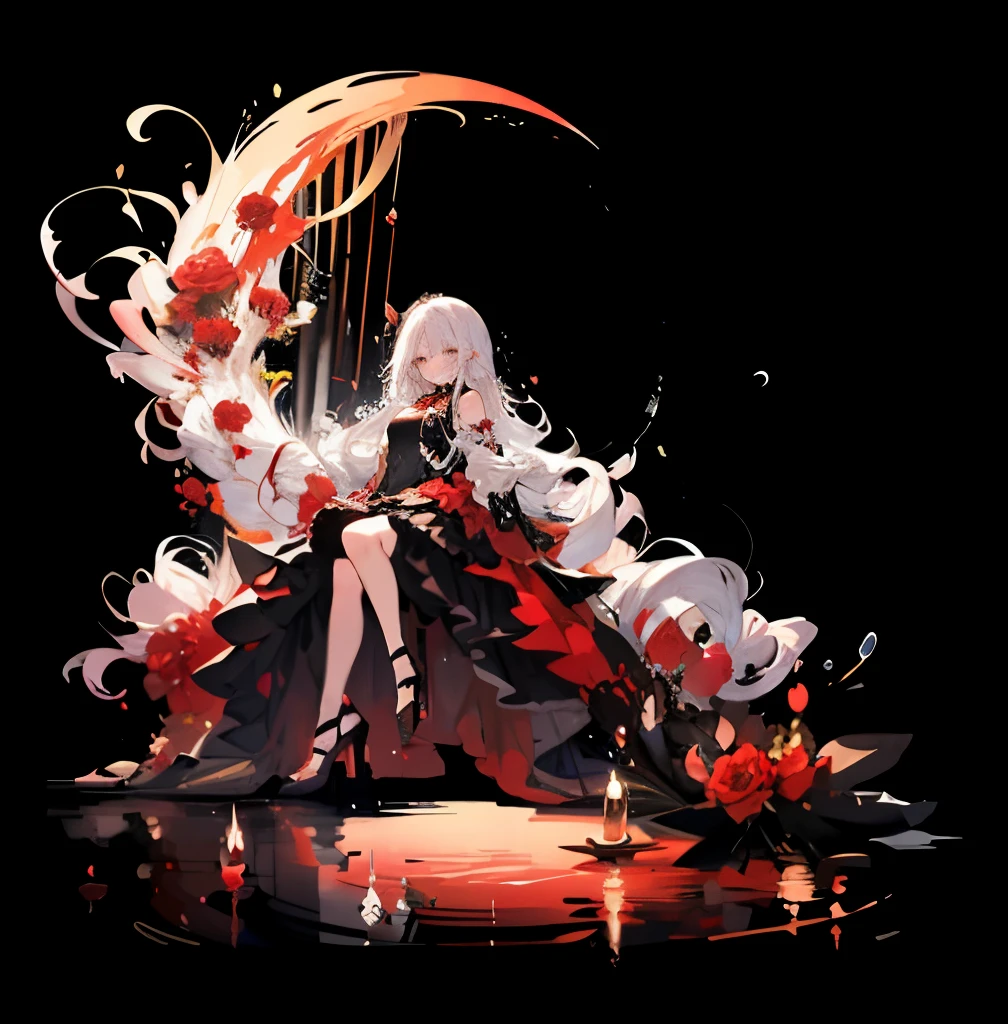 an anime drawing of a woman in a long black dress holding up her arms next to a rose, 1girl, dress, long hair, red dress, solo, high heels, very long hair, breasts, black background, hair ornament, outrageous solution、High resolution、(masterpiece:1.4)、super detailed、1 girl、Red Moon、There was an irritated look on his face.、Are crying、Tears run down my cheeks、get annoyed、Expressions of indignation、look up、背景に大きなRed Moon、Put up a magical barrier、barrier、floating hair、space、black dress、floating、 - At six o'clock