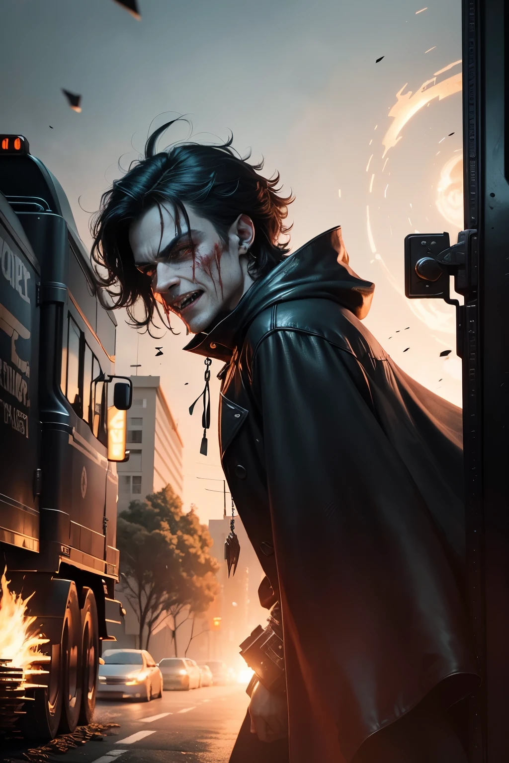 A gothic horror scene unfolds as a chilling figure, his face contorted in adistressed, killer's grin, emerges from the cab of a transport truck. Thetruck, with teeth-like grilles and red splatters, revs up, its engine roaringin an action-packed, comic book style splash page of the silver age. Inthe background, ultra-detailed, 8k panels depict a pulsating, otherworldlylandscape, setting the stage for an epic tale of pulp fiction horror. Thefigure, dressed in a tattered cloak, clutches a bloody weapon, ready tostricken fear into the hearts of unsuspecting victims.