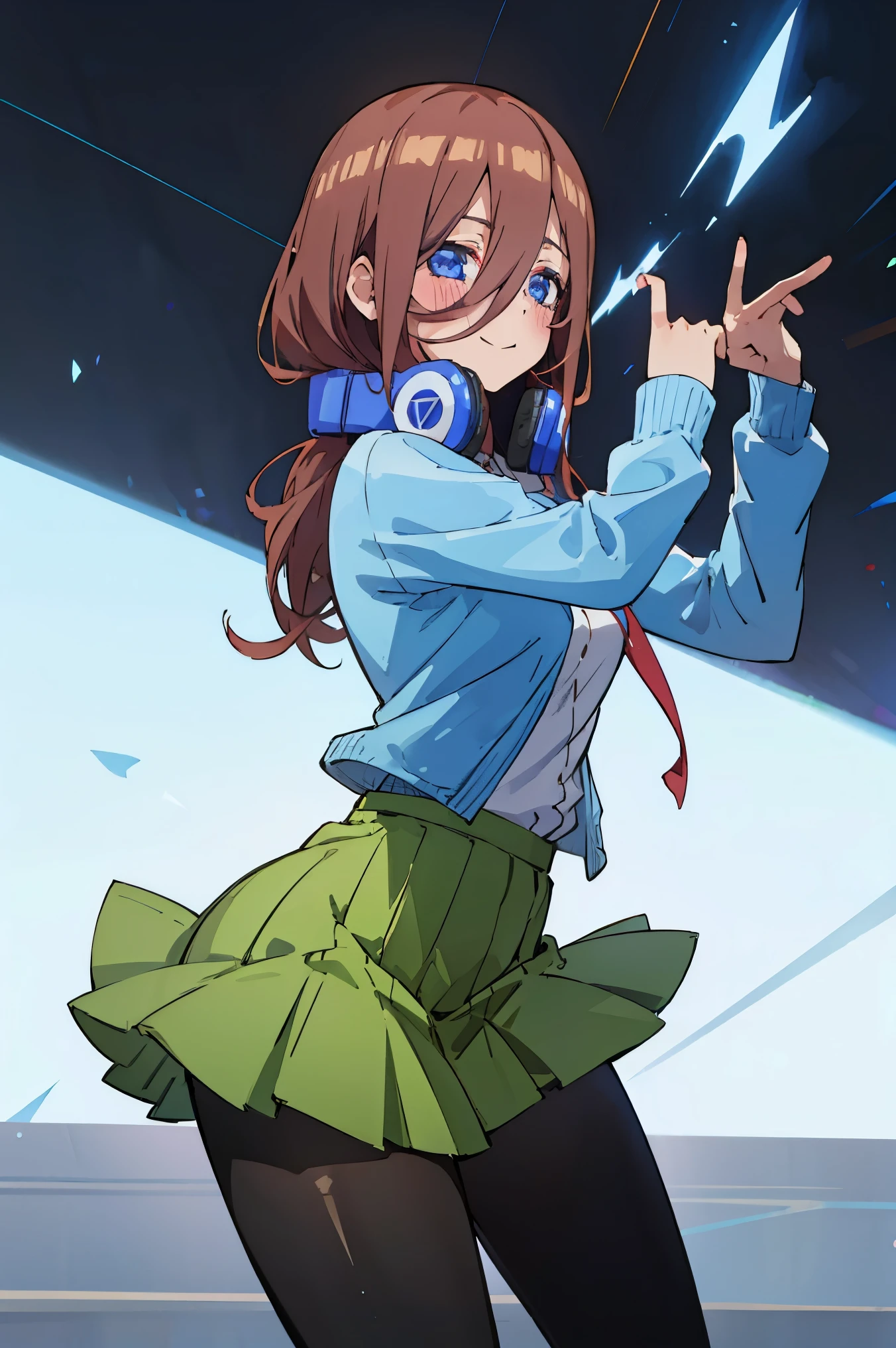 Miku Nakano、Brown hair、head phone、a smile、piece sign、Blue cardigan、white  shirt、Green skirt、white backgrounid, masterpiece, 4k, ultradetailed, cowboy shot, blue headset around neck, one strand of hair across her face, blue eyes, innocent, tender, lovely, dynamic pose, interesting pose, expressive face, full body, cute