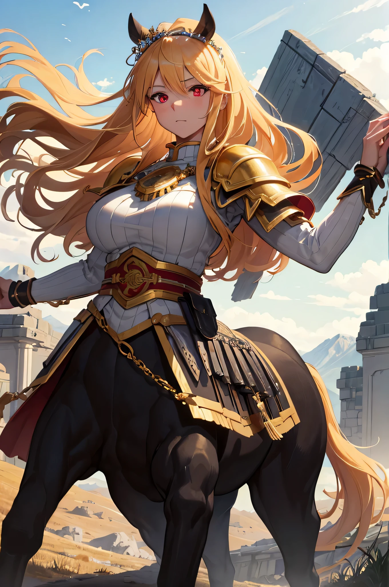 (highest quality,4k,High resolution,masterpiece:1.2),1 female,Kentauk Point,creamy hair,long hair,white red eyes,Big breasts,Valkyrie,black holy armor,jewelry decoration,golden ornaments,Holy sword,plain