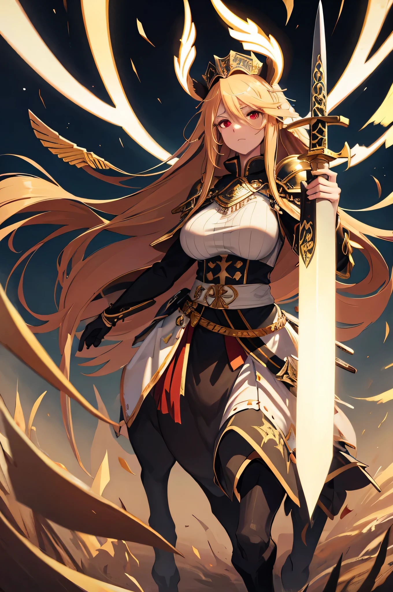 4k,High resolution,one woman,Kentauk Point,cream hair,long hair,white and red eyes,big breasts,Valkyrie,black holy armor,jewelry embellishments,gold decoration,Holy sword,Plain color