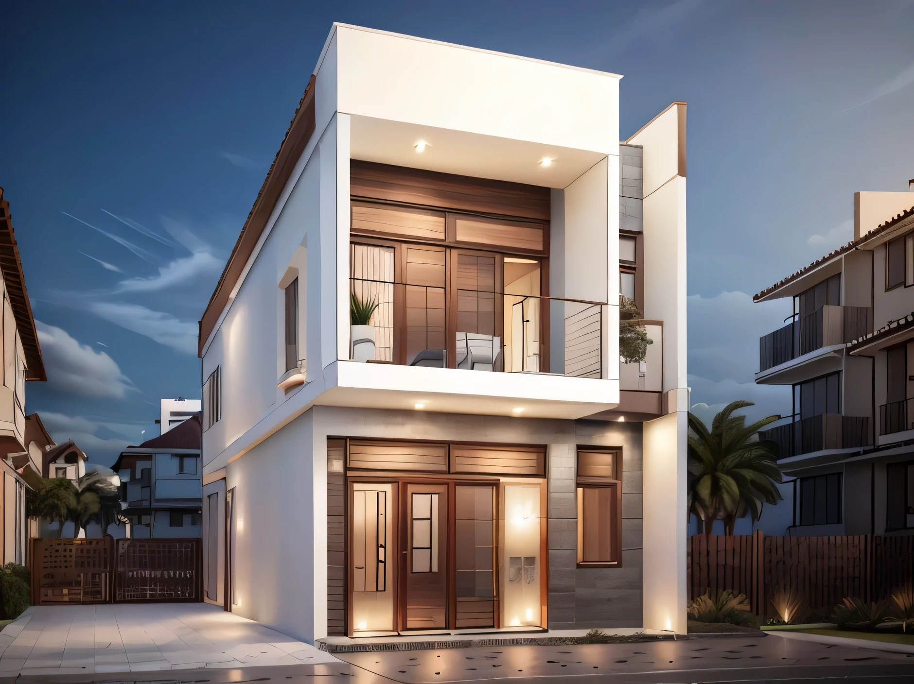a rendering of a two story house with a balcony and a balcony, detailed rendering, 3d rendering, 3 d rendering, 3/4 view realistic, all white render, comprehensive 2 d render, front elevation view, exterior design, conceptual rendering, 3/4 view from below, high quality rendering, front perspective, realistic concept, complete house, modern minimalist f 2 0