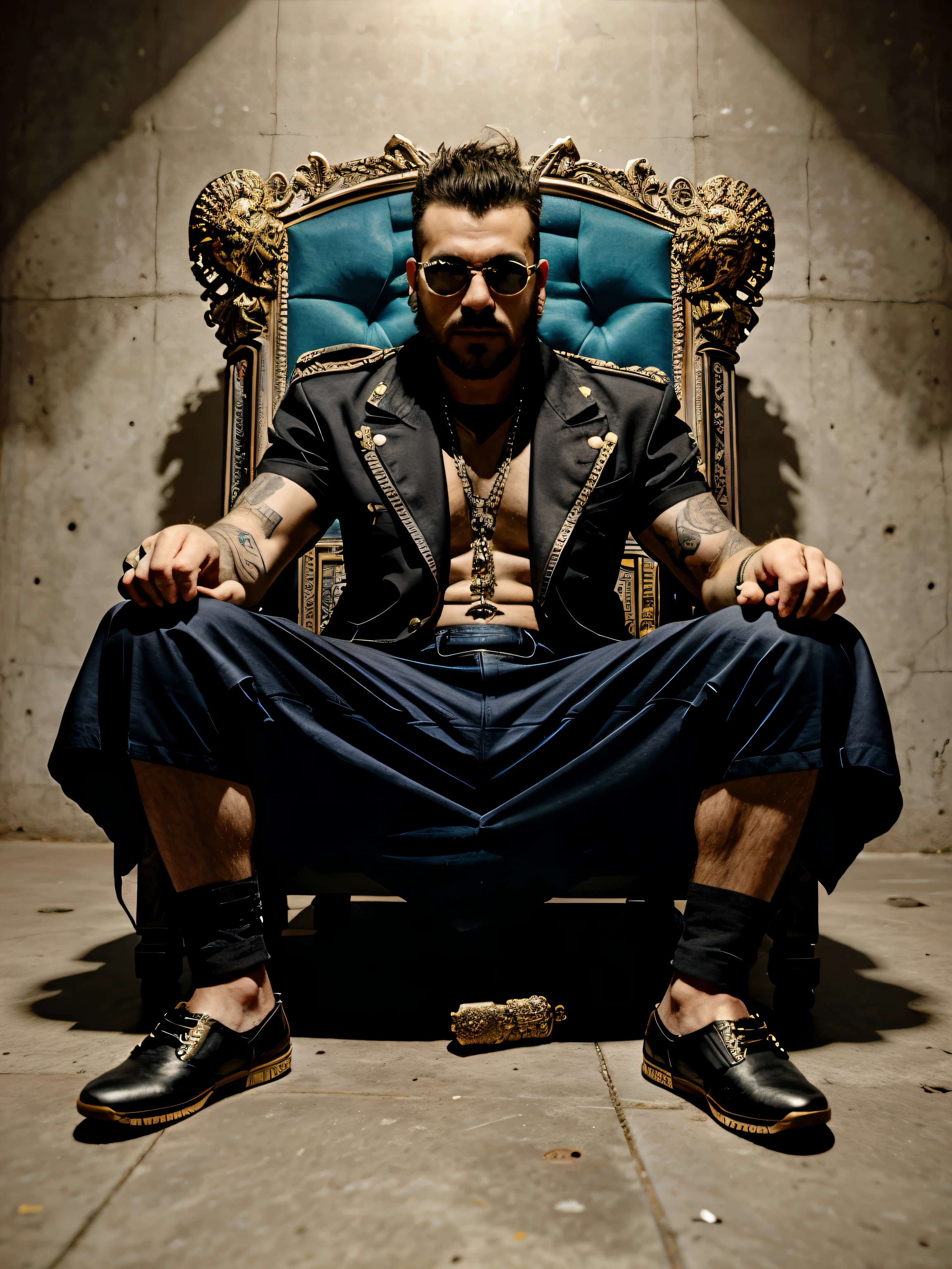 Greek punk king sitting on his throne in front of rats