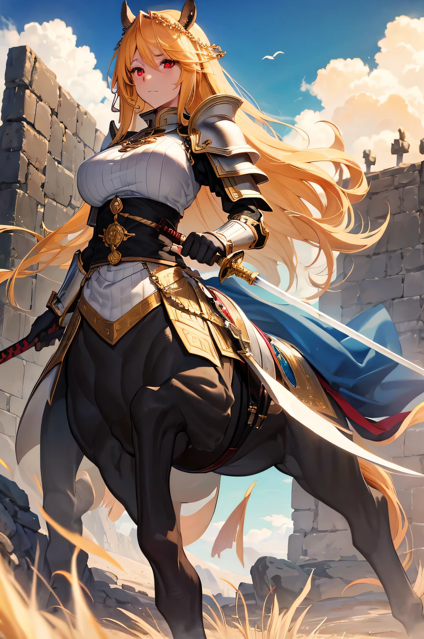 (highest quality,4k,High resolution,masterpiece:1.2),1 female,Kentauk Point,creamy hair,long hair,white red eyes,Big breasts,Valkyrie,black holy armor,jewelry decoration,golden ornaments,Holy sword,plain