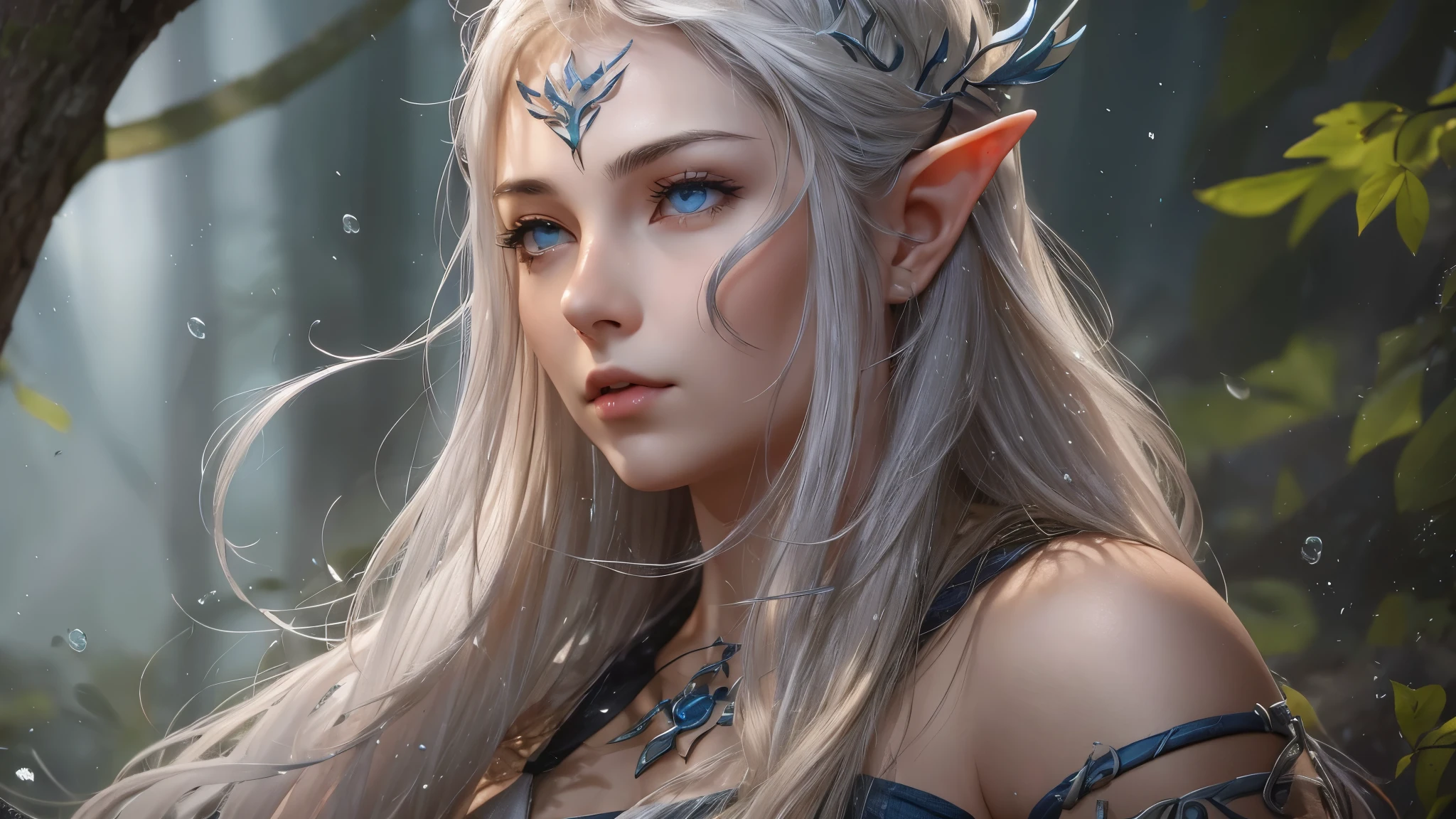 (master piece), 8k, best quality, panoramic view of the entire body, with slightly flushed white skin, subtly contrasting with her long, silvery hair that cascaded over her shoulders that seemed to shine in the sunlight. Her body was slender and athletic, with a height of 168cm that gave her a natural elegance. Her green eyes added a captivating touch to her face and shone with an intensity, reflecting the depth of her soul. Her pointed ears, a hallmark of her elven lineage, added a touch of magic and mystery to her singular beauty, detailed warrior outfit, war bow with rune writing, magical,
