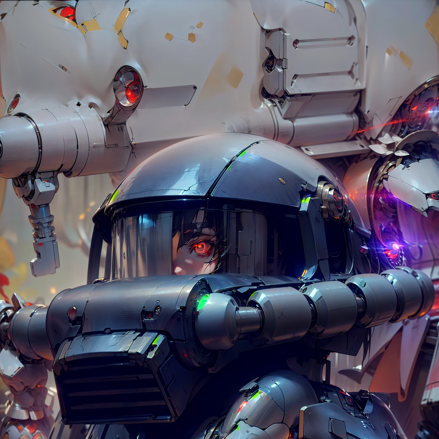 pieces fly、8k , High resolution、Robot's head:1.5, round pipe、oral tube、(one glowing red eye:1.5)、SF, reality, Mecha, ((metallic luster:1.5))、countless detailed notes、outer space,