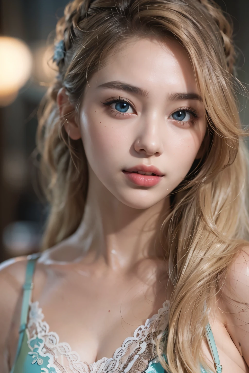 A very pretty and attractive face of a korean blonde 25 year old with blue eyes. very realistic