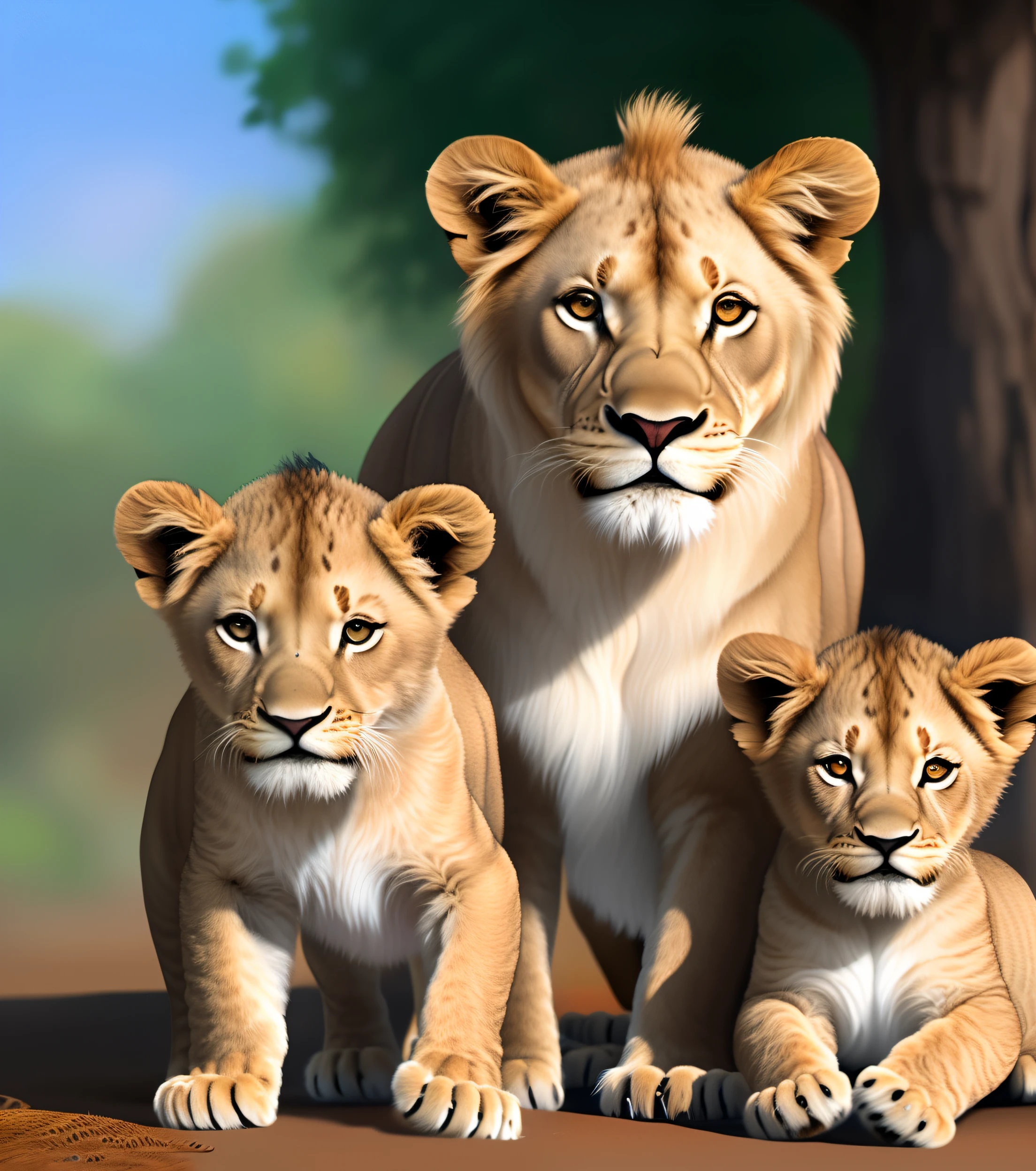 Image of a lioness and two lion cubs, adorable digital painting, arte digital detalhada fofa, Cute lion, lions, arte digital fofa, arte detalhada fofa, realistic illustration, cena realista, ultrarealistic illustration, Fantasy Art, arte de pintura digital dos desenhos animados, pintura digital de desenho animado, pintura digital suave, procreate illustration, macio e fofo, Da arte