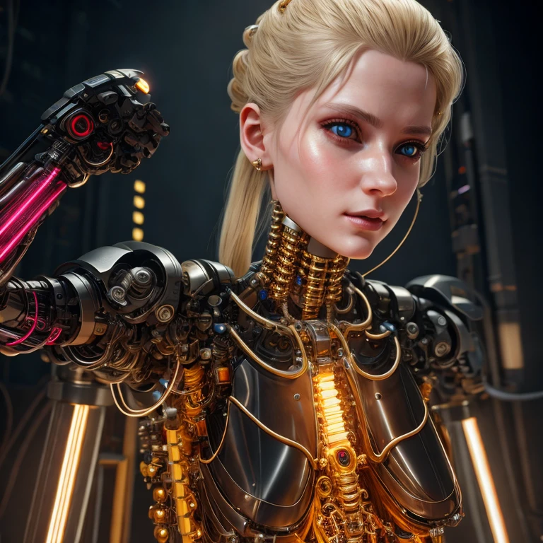1 mechanical girl, ((super realistic details)), portrait, global illumination, shadows, octane rendering, 8k, super sharp, metallic, complex, ornamental detailed, cool color, highly complex details, realistic light, CGsociety trend, glowing eyes, facing camera, neon detail, mechanical limbs, blood vessels attached to tubes, mechanical vertebrae attached to the back, mechanical cervical vertebrae attached to the neck