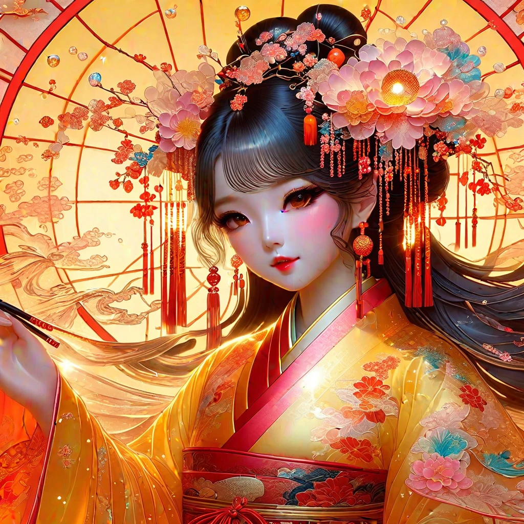 (masterpiece, best quality:1.2), solo, Flashing Hanfu Girl, encapsulated in a kawaii aesthetic style with liquid light elements, embodies the deep connection with the essence of Chinese culture and fairy tales.Intricate details blend traditional Chinese themes with a whimsical modern twist.A sun-kissed palette full of warmth and energy