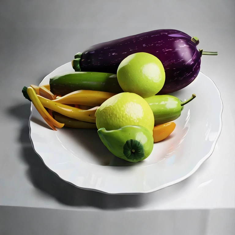 (masterpiece, best quality:1.2), The fruits and vegetables on the plate,mango, nut,eggplant