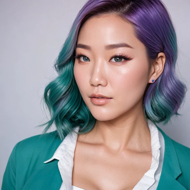 (masterpiece, best quality:1.2), 1girl, solo
realistic photo, beautiful woman with teal and amethyst hair, hair roots slightly faded, korean and chinese mixed, high cheekbones, realistic skin texture, busty, influencer, teal eyes, highly detailed