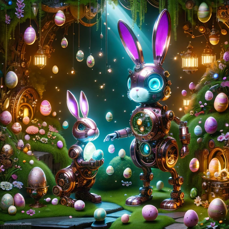 (masterpiece, best quality:1.2), Easter style, A cute mechanical bunny dressed in Easter style, made of exquisite copper and silver parts with eyes like glowing gems, stands in a fantasy garden filled with steampunk Easter elements. The bunny holds an Easter egg and is surrounded by exotic plants and Easter eggs. The body of the bunny glows transparently under neon lights, showcasing the high precision of its mechanical parts. The scene combines elements of whimsy, technology, and tradition, creating a unique and imaginative setting for Easter.