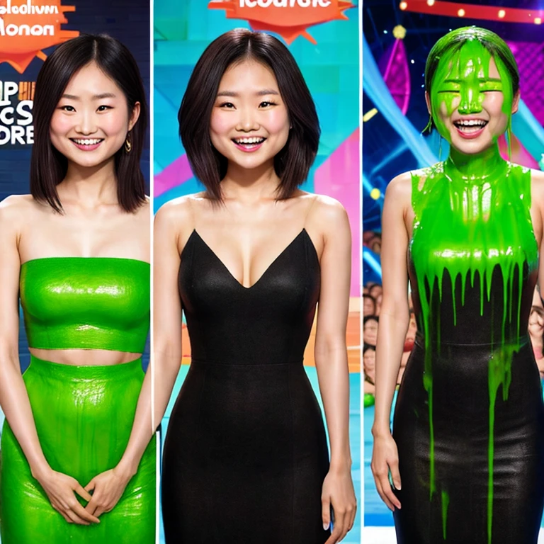 before and after photograph, asian woman, wearing black dress. Before: She is clean, smiling. After: covered in green slime, she is laughing