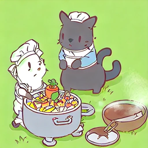 a cat，Cook，Wear a chef's hat，simple background，Fresh style
